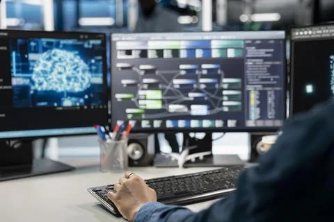 Close up of programmer in data center using AI for machine learning workloads Stock Photos