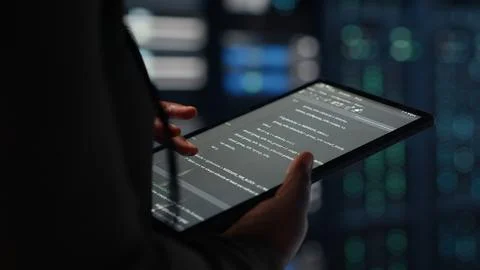 Close up of programmer in data center using tablet Foto stock