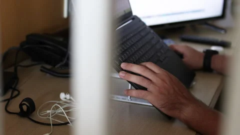 Close up of programmer hands lying on laptop. Stock Footage 305837037