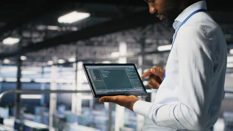 Close up of programmer swiping on tablet display in data center, checking code Stock Photos