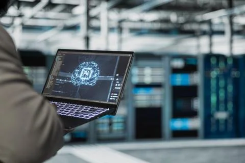 Close up of programmer working in data center, doing AI training 스톡 사진