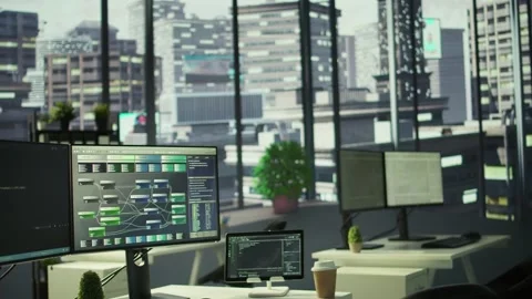 Close up of programming code on computer monitors in company workspace Stock Footage 318160368