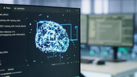 Close up of programming language on PC displays in AI server farm Stock Footage 319241855