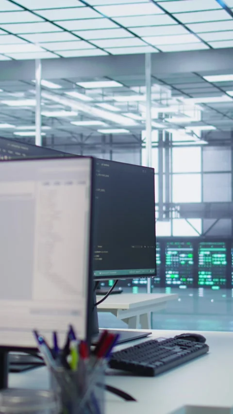 Close up of programming language on PC displays in AI server farm Stock Footage 319526355