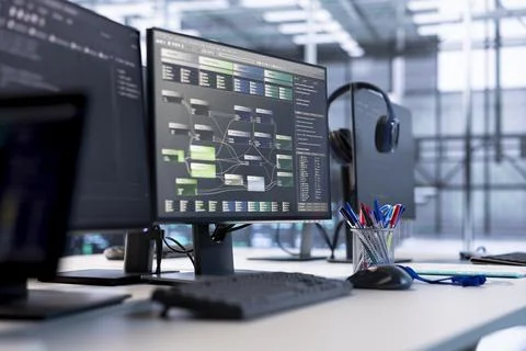 Close up of programming language on PC displays on desk in server farm Stockfoto's