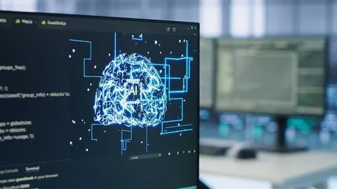 Close up of programming language on PC displays in AI server farm Stock Photos