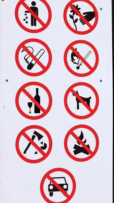 Close-up, prohibiting signs on poster, such as - do not litter, smoke, drink Stock Footage 320534368