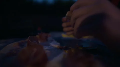Close Up of Prosciutto Pizza During Dining Stock Footage 337075657