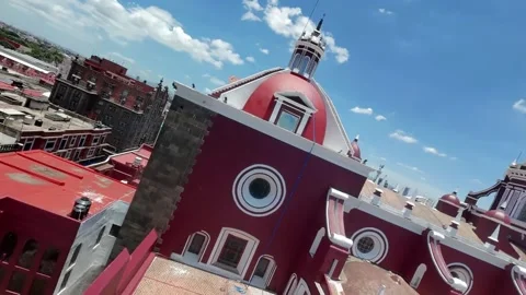 Close Proximity FPV Drone Flight Past Historic Puebla Cathedral Bell Tower Stock Footage 342540512