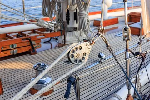 Close-up pulley in the rigging of a sailing ship. Stock Photos