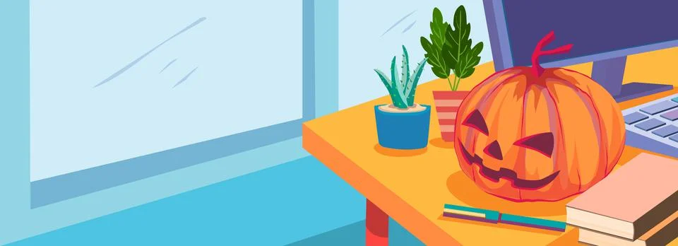 Close up pumpkin decorate on working table , banner background , illustration Ilustración de archivo
