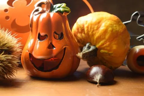 Close up on pumpkins and chestnuts Stock Photos