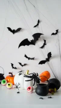 Close-up of pumpkins, cauldrons, pots, bats, worms, jaws, spiders, eye-shaped 写真素材