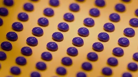 Close-up of purple 3D brain models arranged in repeating pattern on yellow .. Stock Photos