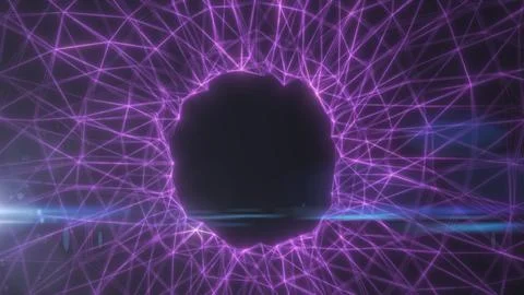 Close-up purple wireframe network surrounding a dark circular void, suggest.. Ilustração Stock
