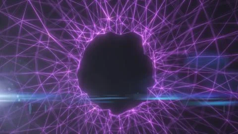 Close-up purple wireframe network surrounding a dark circular void, suggest.. Stock Illustration