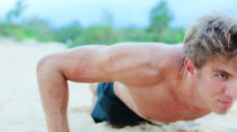 Close Up Push Ups Fit Young Man Exercising on Beach. Crossfit Workout. Traini Stock Footage 54144842