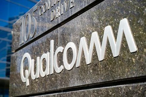 Close up of Qualcomm logo on office building sign. Markham, Canada - May 30, Stock Photos