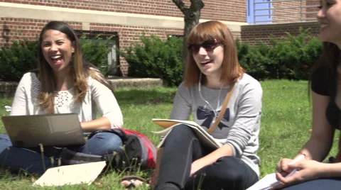 A close-up of racially-diverse students, under tree, studying. Stock Footage 44117073
