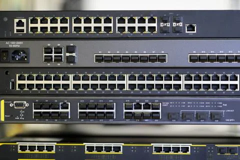 Close up of rack mounted networking equipment Stock Photos