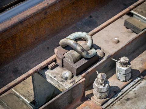 Close up of Rail e-clip that holds the rail securely in place. A simple but r Stock Photos