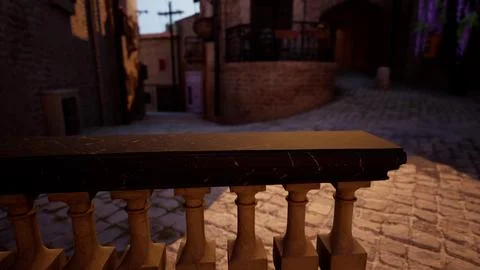 A close up of a railing with a brick building in the background Ilustración de archivo
