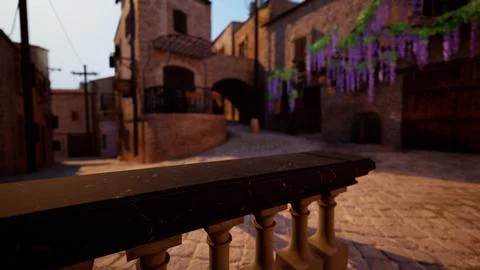 A close up of a railing with a brick building in the background Ilustración de archivo