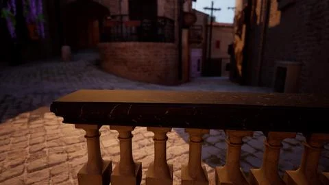 A close up of a railing with a brick building in the background Ilustración de archivo