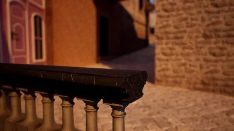A close up of a railing on a brick building Ilustración de archivo