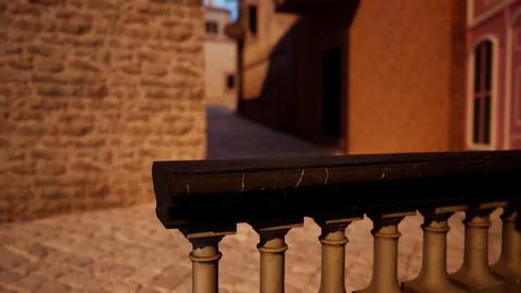 A close up of a railing with a building in the background Ilustración de archivo