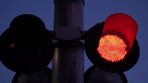 Close up of railroad train crossing gate lights Stock Footage 243660392