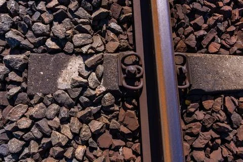 Close-Up Of Railway Track Components Stock Photos