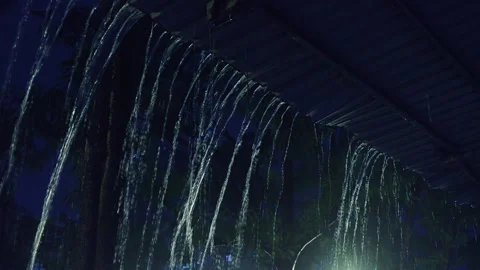 Close-up of Rain Curtain Falling from Eaves at Night - Taiwan Stock Footage 332975870