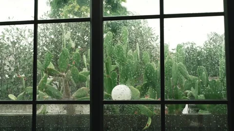 Close-up of rain drops on the glass of large window with a black frame in the 스톡 동영상 293535760