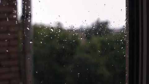 Close up rain drops on window pane Stock Footage 79592997