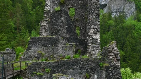 Close up of rain falling on ruined castle Kamen in Slovenia Stock Footage 155290059