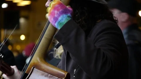 Close up of Rainbow Gloved Cello Player Playing 3 動画素材 83147342