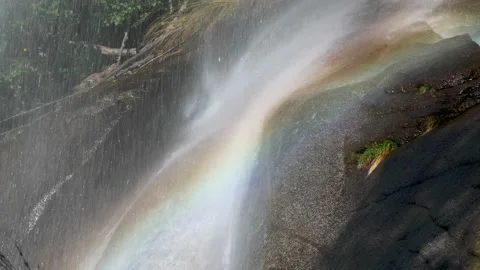 Close up of rainbow in waterfall. Water flow. Mountain water. Slow motion 4K Video stock 225889265