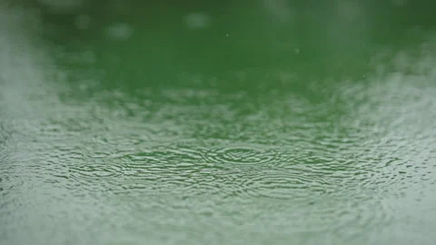 Close-up of raindrops falling onto a calm, green water surface, creating Stock Footage 336055733
