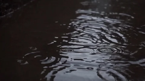 Close up of raindrops falling on puddle of water Stock Footage 117435407
