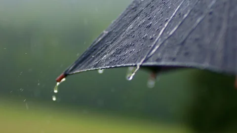 Close up of raindrops falling on umbrella Stock Footage 125307558