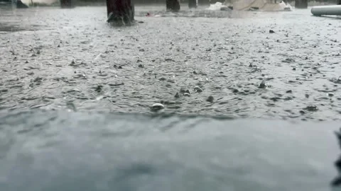Close Up Raindrops Falling in Water Puddle During Rainy Season Stockbeeldmateriaal 315267195