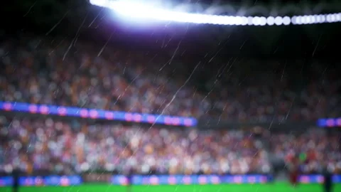 Close up of raindrops flooring 3D rendered soccer stadium with passionate crowd Stock Footage 335466551