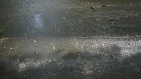 Close-up of raindrops with hail falling on asphalt. Slow motion Stock Footage 204947901