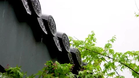 Close-up of raindrops sliding down the roof tiles of an ancient building. Stock-Footage 335921209