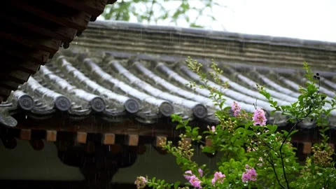 Close-up of raindrops sliding down the roof tiles of an ancient building. Stock Footage 335921210