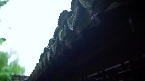 Close-up of raindrops sliding down the roof tiles of an ancient building. Video stock 335921237