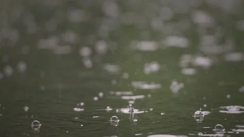 Close up of raindrops splashing into pond at ground level in slow motion on r Stock Footage 132272866