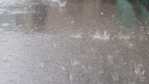 Close-up of raindrops on the street sidewalk Stock Footage 240729540