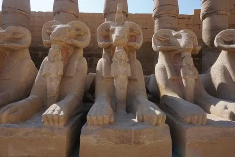 Close-up on ram-headed sphinxes at Karnak Temple, Luxor Stock Photos